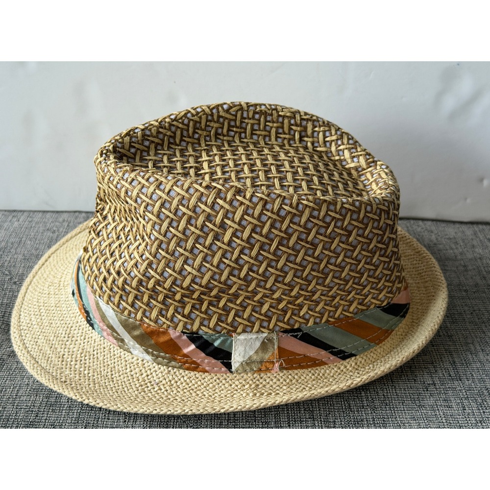 Tan Woven Paper Straw Fedora Hat Striped Ribbon Band 57cm Summer Sun Hat